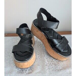 Franco Sarto Sandal Women's 7 M "Ozio" Black Faux Leather Platform Cork Coastal